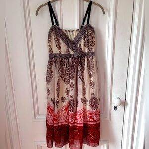 Women’s Spaghetti Strap Tie Waist Lined Boho Orange /Brown Paisley Slip Dress S